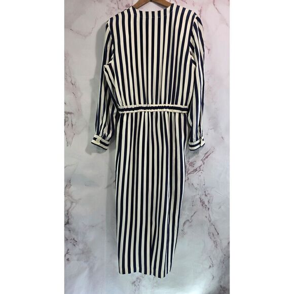Vintage Silk Dress Womens Large 12 Navy Cream White Midi Maxi Striped Talbots - Picture 7 of 16
